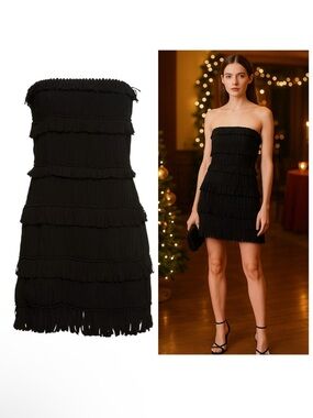 Interior Valencia Black Silk Fringe Strapless Mini Dress US 2 Cocktail NWT ⚪️